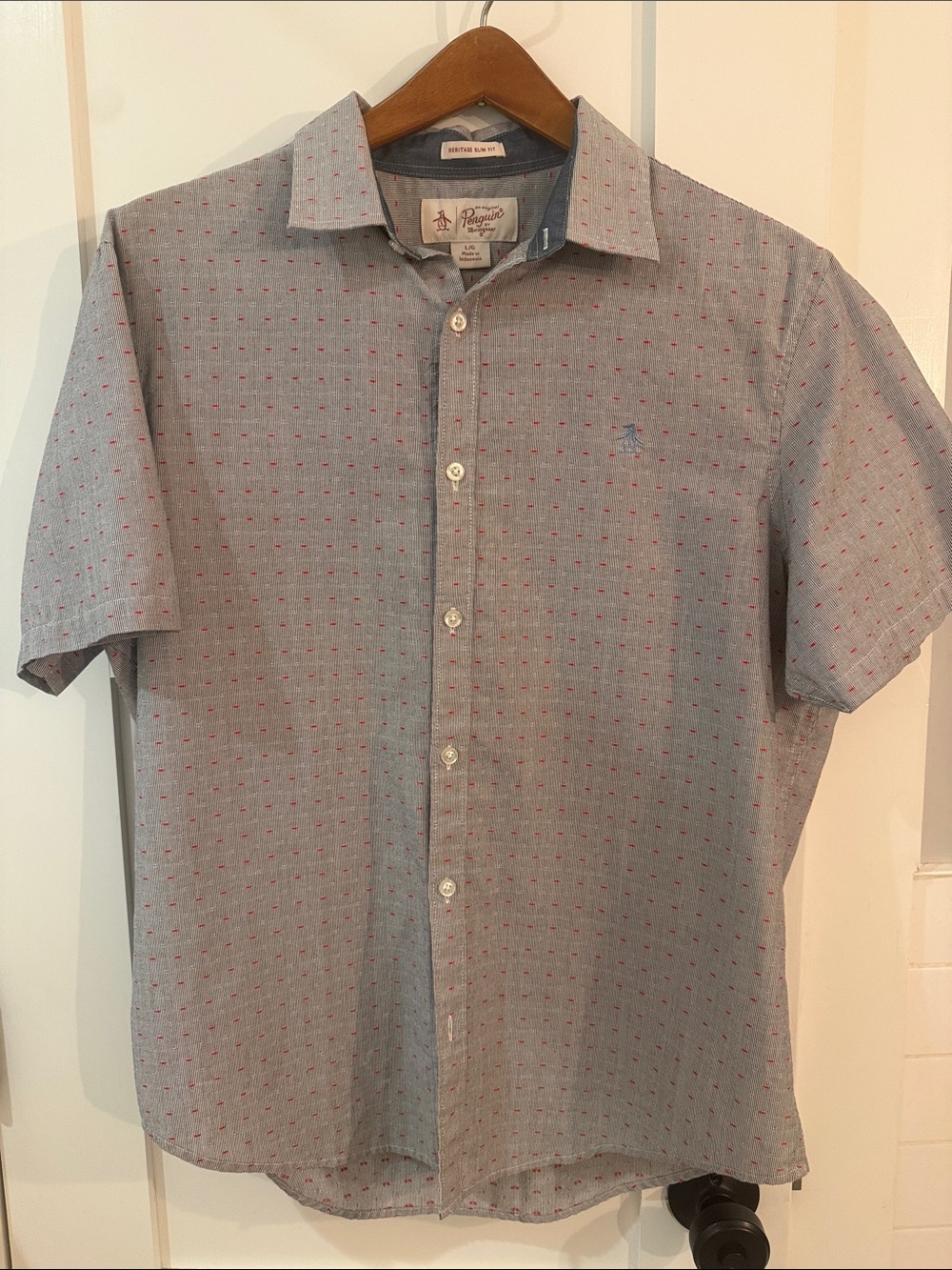 Original Penguin Short Sleeve Button-Up Shirt - Light Blue with Red Dots